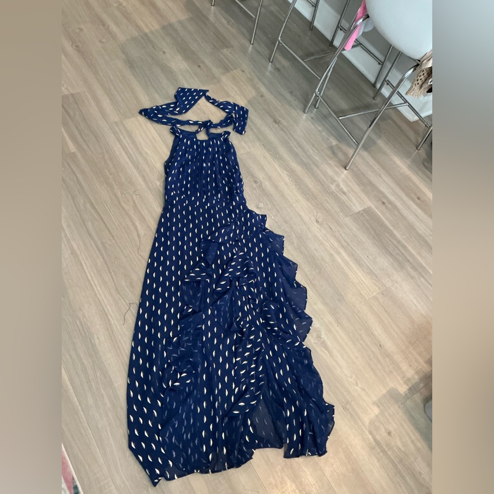 Betsy and Adam Elegant Navy Blue Halter Maxi Dress - Picture 3 of 4